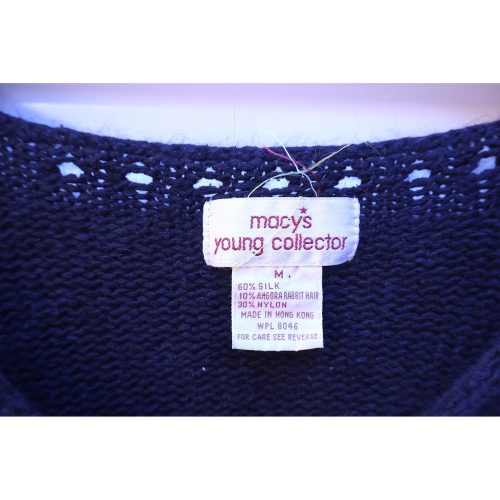 Vintage Macys Young Collector Silk Angora Knit Top Navy Blue Asymmetrical Button